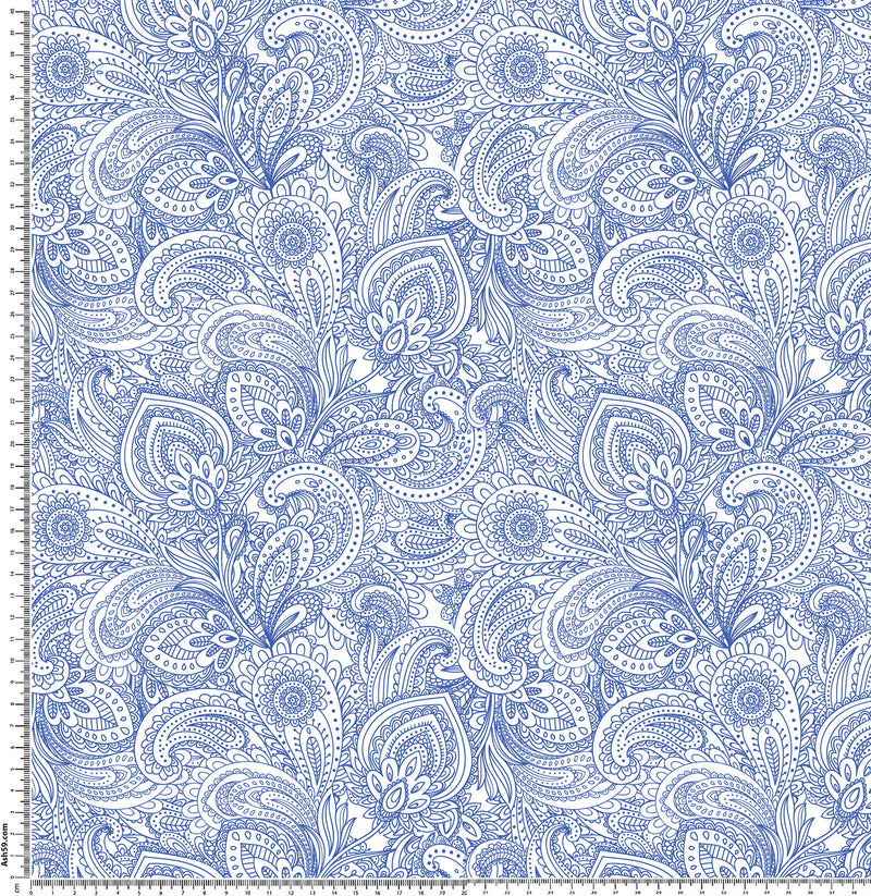 Blue and White Line Drawing Paisley.