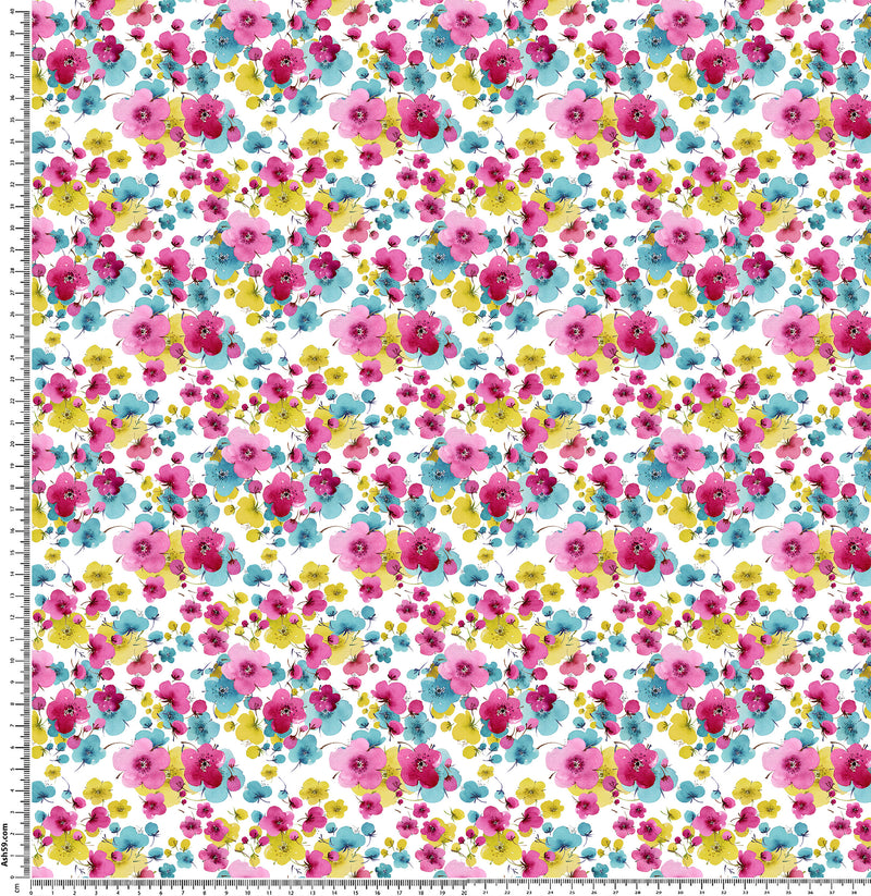 F53 Pink yellow blue floral on white.